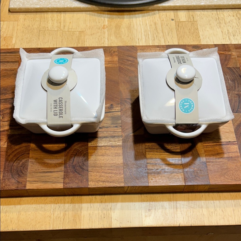 Martha Stewart White Ceramic Mini Casserole Dishes with Lids - Set of 2, 4”W